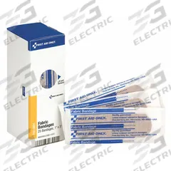 FIRST AID ONLY Adhesive Bandage: Strip Bandages, 1 in Wd, 3 in Lg, Not Metal Detectable, Fabric (MPN FAE-3001). Key specifications — Product Type: Strip Bandages; Unitized: Unitized; Water Resistance: Not Water Resistant; Brand: FIRST AID ONLY; Latex Content: Latex Free; Metal Detectable: Not Metal Detectable; Package Type: Box; Manufacturer Part Number: FAE-3001.