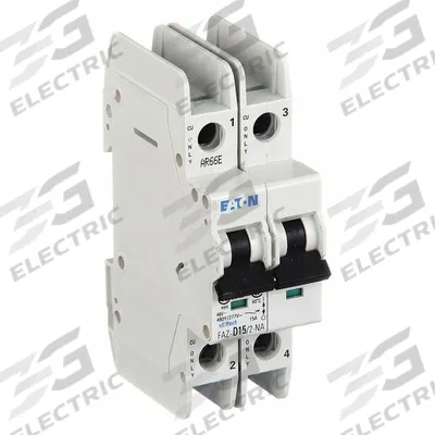 EATON IEC Miniature Circuit Breaker: 15 A Amps, 48/96V DC, 14kA at 277/480V AC, Screw Clamp - D-Curve, 2-Pole UL489 DIN Rail-Mount Miniature Circuit Breakers