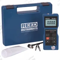 REED INSTRUMENTS Ultrasonic Thickness Gauge: Carrying Case/Probe/Ultrasonic Couplant Gel, NIST (MPN TM-8811-NIST). Key specifications — Brand: REED INSTRUMENTS; Thickness Measurement Accuracy: +/-0.5%; Certificate of Calibration: Included.