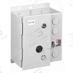 EATON NEMA Magnetic Motor Starter: Non-Reversing, 3 Poles, NEMA Size 1, 27 A, 240V AC Coil (MPN ECN0518BAA-R63/DL30). Key specifications — attr211388: EATON; attr951451: 1NO/1NC; attr951453: 220/240V AC; attr951489: Three; attr984425: 1NO/1NC; attr984429: Pilot Light; attr997361: None (Not Applicable to Electronic Overloads).