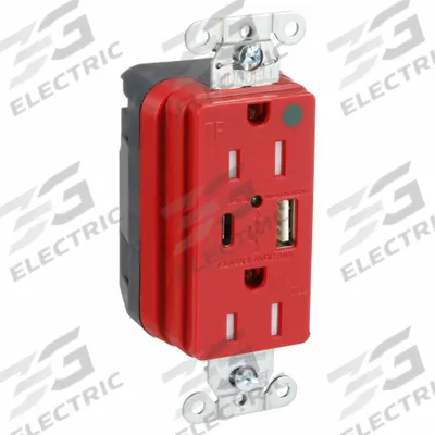 HUBBELL Receptacle: Duplex, 5-15R, 2 USB Ports, USB Type A/C, Red, 125V AC - Hospital-Grade Receptacles with USB Chargers