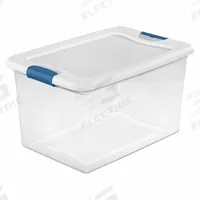 STERILITE Storage Tote: 16 gal, 23 3/4 in x 16 in x 13 1/2 in, Clear Body, White Lid, 10 to 20 gal (MPN 14978006). Key specifications — attr1188666: Plastic; attr1188675: Clear; attr1188676: White; attr1188687: STERILITE.