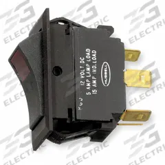 HUBBELL WIRING DEVICE-KELLEMS Marine Lighted Rocker Switch: 3 Positions, SPDT, On/Off/On, Red (MPN MR123LRSP). Key specifications — DC Contact Rating: 5 A @ 12 V; Horsepower: Not Rated; NEMA Enclosure Rating: No Enclosure; Operator Illumination: Illuminated; Switch Color: Black; Terminal Connection Type: Spade Terminals; Includes Lamp Module: Lamp Module Included; Includes Lens: Lens Included.