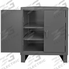 DURHAM MFG Storage Cabinet: 36 in x 24 in x 42 in, Swing Handle & Padlock Hasp, 14 ga Panel Thick (MPN 3700-2S-95). Key specifications — attr62698: Gray; attr62736: Welded; attr87895: Legs; attr62693: Assembled; attr62737: Stationary; attr62694: Adjustable; attr62695: Powder Coated; attr62696: Steel.