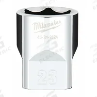 MILWAUKEE Standard Socket: Metric, 1/2 in Drive Size, 23 mm Socket Size, 6-Point, Std, Chrome (MPN 45-34-9124). Key specifications — attr1204417: MILWAUKEE; attr1204392: Chrome.