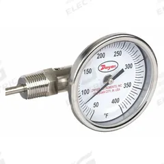 DWYER Dial Thermometer: 50°F to 400°F, ±2%Full Scale Accuracy, 4 in Stem Lg, 3 in Dial Dia (MPN BTLS340121). Key specifications — Accuracy: ±2 % Full Scale; Brand: DWYER.