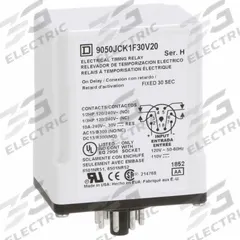 SCHNEIDER Time Delay Relay: Socket Mounted, 120V DC, 10 A, 8 Pins/Terminals, 0.1 sec – 30 sec (MPN 9050JCK1F30V20). Key specifications — Contact Rating (AC): 10 A @ 120/240V; Brand: SCHNEIDER.