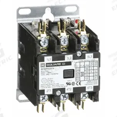 SQUARE D Definite Purpose Magnetic Contactor: 3 Poles, 24V AC, 30 A, Non-Reversing (MPN 8910DPA33V14). Key specifications — Brand: SQUARE D; Coil Voltage: 24V AC; Contactor Style: HVACR Definite Purpose Contactor; Terminal Connection Type: Quick-Disconnect Terminals; Maximum Voltage Rating: 600V AC; Series: 8910 Series Type DPA; Phase: Three; Main Pole Contact Form: 3NO.