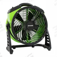 Axial Blower: 1,560 cfm, Pivoting Frame, 115V AC, Variable Speeds, Green, 360°, Polypropylene (MPN FC-250D). Key specifications — Product Type: Axial Blower; GFCI Protected: Yes; Number of Speeds: Variable; Housing Material: Polypropylene; Brand: XPOWER; Nominal Voltage: 115V AC.