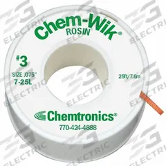 CHEMTRONICS Desoldering Wick: Rosin Flux, # 3, 0.08 in, 25 ft, Green, Std (MPN 7-25L). Key specifications — Color: Green; Brand: CHEMTRONICS; Manufacturer Part Number: 7-25L.
