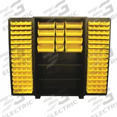 JAMCO Bin Cabinet: 48 in x 24 in 78 in, 2 Shelves, 140 Bins, Yellow, Flush, 14 ga Panel, Black (MPN DN248BL). Key specifications — Bin Color: Yellow; Bin HxWxD: (128) 3 in x 4-1/8 in x 7-1/2 in; Assembled: Assembled; Cabinet Style: Shelf and Bin; Brand: JAMCO; Cabinet Color: Black; Cabinet Finish: Powder Coated; Cabinet Material: Steel.