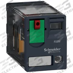 SCHNEIDER Relay: Socket Mounted, 3 A Current Rating, 240V AC, 4PDT, 14 Pins/Terminals, G Socket (MPN RXM4GB2U7). Key specifications — Brand: SCHNEIDER; Base Type: Square; Mounting Style: Plug-In; Pin Shape: Flat; Electrical Connection: Quick-Connect; Manufacturer Part Number: RXM4GB2U7; Series: Harmony™ RXM Series.