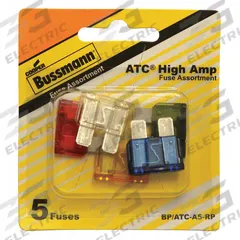 BUSSMANN Fuse Kit: Includes Series ATC, Automotive Fuses, 10 A – 30 A Range (MPN BP/ATC-A5-RP). Key specifications — Fuse Series Included: ATC; Tool Included: None; Brand: BUSSMANN.