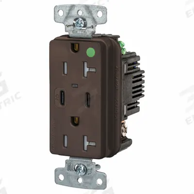 HUBBELL Receptacle: Duplex, 5-20R, 2 USB Ports, USB Type A/C, Brown, 125V AC - Hospital-Grade Receptacles with USB Chargers