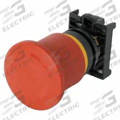 EATON Emergency Stop Push Button: Red, 22 mm Mounting Size, Non-Metallic, Maintained (MPN M22-PVT60P). Key specifications — Brand: EATON; Action: Maintained; Legend: Twist Arrow; Series: M22; Push Button Material Type: Non-Metallic.