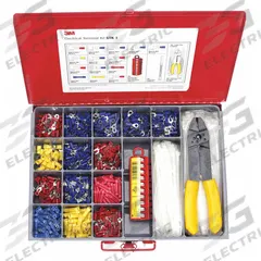 3M Wire Terminal Kit: 660 Pieces, 22 AWG – 10 AWG Wire Sizes, Crimping Tool/Tape Dispenser (MPN STK-1). Key specifications — Manufacturer Part Number: STK-1; Brand: 3M; Includes: (275) Ring Terminals; Tool Included: Crimping Tool.