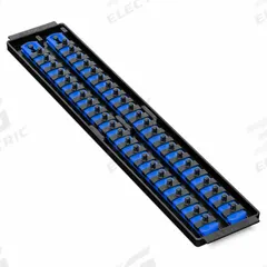 ERNST MANUFACTURING Socket Organizer: Blue, 3 5/8 in Overall Wd, 44 Posts/Slots, Sockets (MPN 8455). Key specifications — attr1125333: (44) Socket Clips; attr1125346: ERNST MANUFACTURING; attr1125347: Blue; attr1136588: Sockets; attr1125364: Socket Bit Tray.