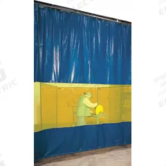 STEINER Welding Curtain Wall: Vinyl-Laminated Polyester, 10 ft Ht, 6 ft Wd, Blue/Yellow (MPN AWY60). Key specifications — attr424797: STEINER; attr552354: Vinyl-Laminated Polyester.