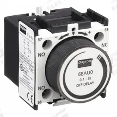 DAYTON IEC Timer Module: Off Delay, 0.1 sec – 3 sec, 1NO/1NC (MPN 6EAU0). Key specifications — Mounting: Front; Brand: DAYTON.