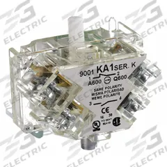 SCHNEIDER Contact Block: 30 mm Panel Mounting Size, 1NO/1NC, Momentary, 9001K/9001SK Series (MPN 9001KA1). Key specifications — Switch Action: Momentary; Terminal Connection Type: Screw Clamp Terminals; Brand: SCHNEIDER; Compatible with Series: 9001SK.