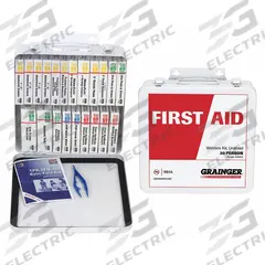 FIRST AID ONLY Burn Care Kit: 30 People Served, 171 Components, Metal Box (MPN 54577). Key specifications — Adhesive Bandages Included: (8) Knuckle Bandages; Brand: FIRST AID ONLY; Oral and Inhalant Medicinals Included: (10) Ammonia Inhalants; Wound Dressings Included: (2) Eye Pads; Topical Medicinals Included: (2) Eyewash.