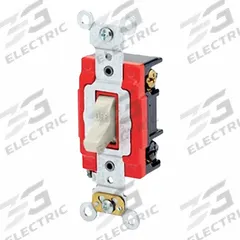 LEVITON Wall Switch: Toggle Switch, 3-Way, Maintained, Light Almond, 120/277V AC, 20 A (MPN 1223-2T). Key specifications — Illuminated: No; Voltage Rating: 120/277V AC.