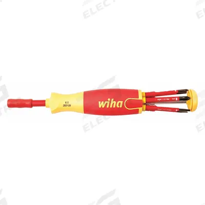 WIHA Multi-Bit Screwdriver: Phillips/Slotted/Square Tip, #1/#2/3 mm/4 mm Tip Size - Insulated Multi-Bit Screwdrivers