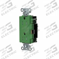HUBBELL Receptacle: Decorator Duplex, 5-15, Green, 125V AC, 15 A, 2 Pole / 3 Wire (MPN DR15STGNTR)