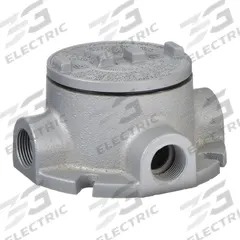 Conduit Outlet Body: Aluminum, GRF, 1 in Trade Size, T Body, 18 cu in Body Capacity (MPN GRFT100-A). Key specifications — Series: For Standard Body; Compatible Conduit Trade Size: 1 in; Thread Gender: Female; Hub Style: Threaded; Cover Included: Yes; Body Style: T; Connection Type: Threaded; Back Type: Flat.