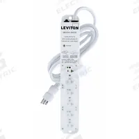 LEVITON Outlet Strip: 6 Outlets, 7 ft Cord Lg, 644 J Rated Energy, 20 A Current, White, 5-20P, 5-20R (MPN 5306M-2N7). Key specifications — Brand: LEVITON; Mounting Style: Screw.