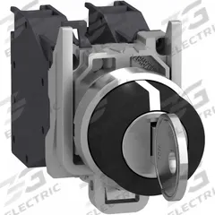 SCHNEIDER ELECTRIC Keyed Selector Switch: 3 Position, 22 mm Panel Mounting Size, Series XB4 (MPN XB4BG33GEX). Key specifications — Manufacturer Part Number: XB4BG33GEX; Brand: SCHNEIDER; Switch Action: Maintained/Maintained/Maintained; Key Removal Position: Center.