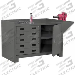 DURHAM MFG Cabinet Workbench: Steel, 48 in x 24 in, 2,000 lb Overall Load Capacity, Gray (MPN 3405-95). Key specifications — Assembly: Fully Assembled; Brand: DURHAM MFG; Included Components: Vice Support Shelf.