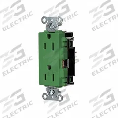 HUBBELL Receptacle: Decorator Duplex, 5-15, Green, 125V AC, 15 A, 2 Pole / 3 Wire (MPN DR15STGN)