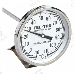TEL-TRU Laboratory Dial Thermometer: -10°C to 110°C, +/- 1% Accuracy, 8 in Stem Lg, Celsius (MPN LT225R-8/23100874). Key specifications — Accuracy: +/- 1%; Brand: TEL-TRU; Temperature Units: Celsius.