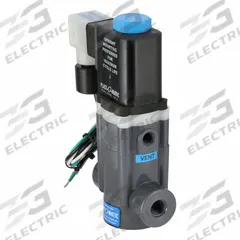 PLAST-O-MATIC Solenoid Valve: 2-Way, Normally Closed, 1/4 in Pipe Size, 120V AC, Inline Single (MPN EASYMT2V12W24-120/60-PV). Key specifications — Pipe Size: 1/4 in; Voltage: 120V AC; Brand: PLAST-O-MATIC; Coil Enclosure: Watertight.