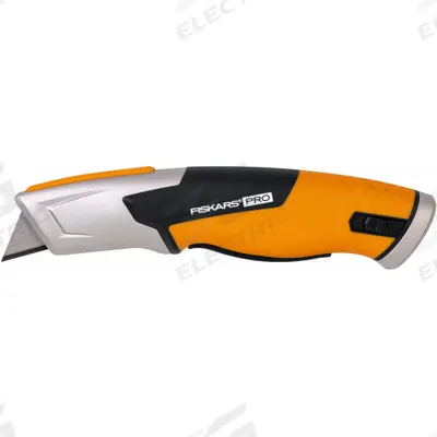 FISKARS Utility Knife: 7 in Overall Lg, Textured, 1 3/4 in Overall Wd, Rubber, Black/Orange - Automatic Retracting Utility Knives