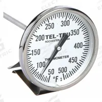 TEL-TRU Laboratory Dial Thermometer: 50°F to 500°F, +/- 1% Accuracy, 8 in Stem Lg, Fahrenheit (MPN LT225R-8/23100864). Key specifications — Accuracy: +/- 1%; Brand: TEL-TRU; Temperature Units: Fahrenheit.