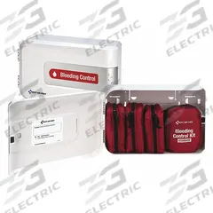 FIRST AID ONLY Bleeding Control Kit: Plastic Cabinet, 4 People Served, 60 Components, 0 Pockets (MPN 91104). Key specifications — Brand: FIRST AID ONLY; Wound Dressings Included: (8) Chest Seals; Housing Material: Plastic.