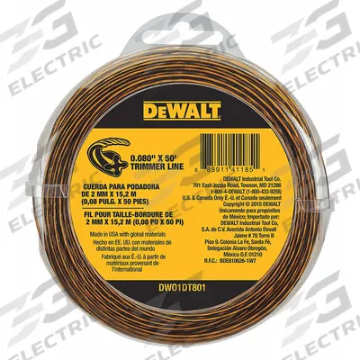 DEWALT String Trimmer Line: 0.08 in Dia, 50 ft Overall Lg