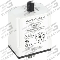 MACROMATIC Single Function Time Delay Relay: Socket Mounted, 240V AC, 10 A, 8 Pins/Terminals (MPN TR-50221-12). Key specifications — Brand: MACROMATIC.