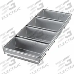 CHICAGO METALLIC Bread Pan: Aluminized Steel, 4 Slots, 9 1/4 in Overall Wd, 2 3/4 in Overall Dp (MPN 44245). Key specifications — Pan Style: Open Top Bread Pan; Brand: CHICAGO METALLIC; Color: Silver; Material: Aluminized Steel; NSF Certified: No; Number of Slots: 4.