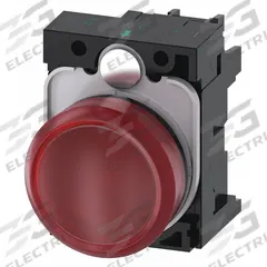 SIEMENS Pilot Light: 22 mm Panel Mounting Size, Red, LED, 24 V AC/DC Max Volt Rating (Supply) (MPN 3SU1102-6AA20-1AA0). Key specifications — Series: 3SU; Brand: SIEMENS; Includes Push-To-Test: No Push-To-Test Included.