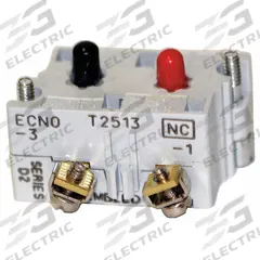 EATON Contact Block: 30 mm Panel Mounting Size, 1NO Early Close/1NC, Momentary/Make Before Break (MPN 10250T47). Key specifications — Contact Form: 1NO Early Close/1NC; Switch Action: Momentary/Make Before Break; Terminal Connection Type: Screw Clamp Terminals; Brand: EATON; Compatible with Series: E34.
