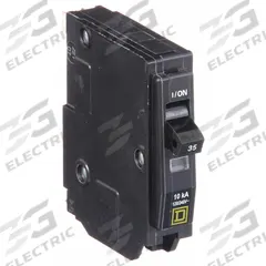 SQUARE D Miniature Circuit Breaker: 35 A, 120/240V AC, Single Phase, 10kA at 120/240V AC, 1 Poles (MPN QO135). Key specifications — Phase: Single; Amps: 35 A; AC Voltage Rating: 120/240V AC; Max. AIR Rating: 10kA at 120/240V AC; For Use With: QO Load Centers and NQ Panelboards; Brand: SQUARE D.