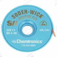 CHEMTRONICS Desoldering Wick: Rosin Flux, # 1, 0.03 in, 10 ft, White/Gray, ESD-Safe (MPN 80-1-10). Key specifications — Color: White/Gray; Brand: CHEMTRONICS; Manufacturer Part Number: 80-1-10.