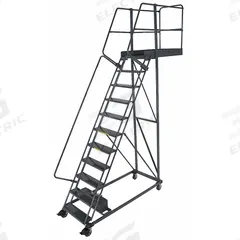 BALLYMORE Rolling Cantilever Ladder: 9.2 ft Platform Ht, Unassembled, Locking Casters, Steel (MPN CL-11-35-P). Key specifications — attr1051489: Gray; attr1051483: BALLYMORE; attr1051499: Double Handrails; attr1051504: Steel.