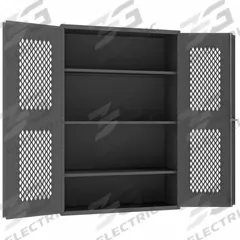 DURHAM MFG Storage Cabinet: 48 in x 24 in x 72 in, 3 Adj Shelves, Swing Handle & Keyed, Frame, Gray (MPN EMDC-482472-95). Key specifications — Brand: DURHAM MFG; Body Panel Type: Ventilated; Base Type: Frame; Cabinet Color: Gray; Frame Assembled: Assembled.