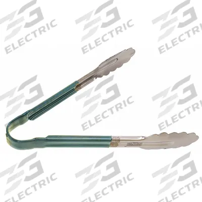 CRESTWARE Uncoated Scalloped Tongs: Stainless Steel Blade, 10 in Overall Lg, Green