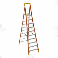 WERNER Podium Stepladder: 12 ft Ladder Size, Fiberglass, 300 lb Load Capacity, 56 lb Wt (MPN PD6210). Key specifications — Brand: WERNER; Included Features: Guard Rail.