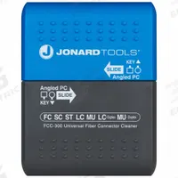 JONARD TOOLS Fiber Connector Cleaner: Slide, 500 Cleaning Cycles, FC/LC/MU/SC/ST, Fixed Tip, Angled (MPN FCC-300). Key specifications — attr424275: FCC-300; attr511296: Cable Television Head End; attr511308: MU; attr511318: Works on Both Simplex or Duplex Fiber Applications and Supports Both PC and APC End-Face Designs; attr511327: Fiber Optic Cables; attr511335: Angled; attr511337: Micro Fiber Cleaning Fabric; attr511368: Slide.